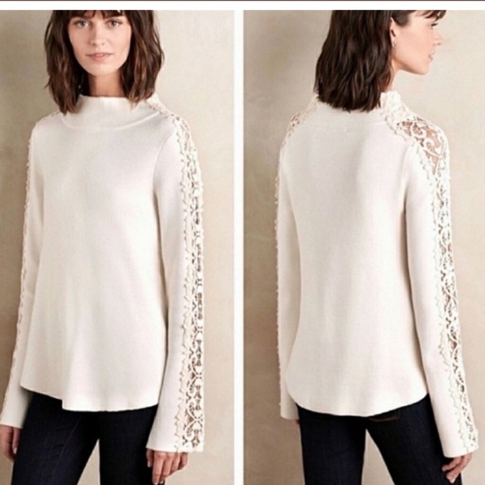 Anthropologie Knitted & Knotted Lace Crochet Mock Neck Cashmere Sweater